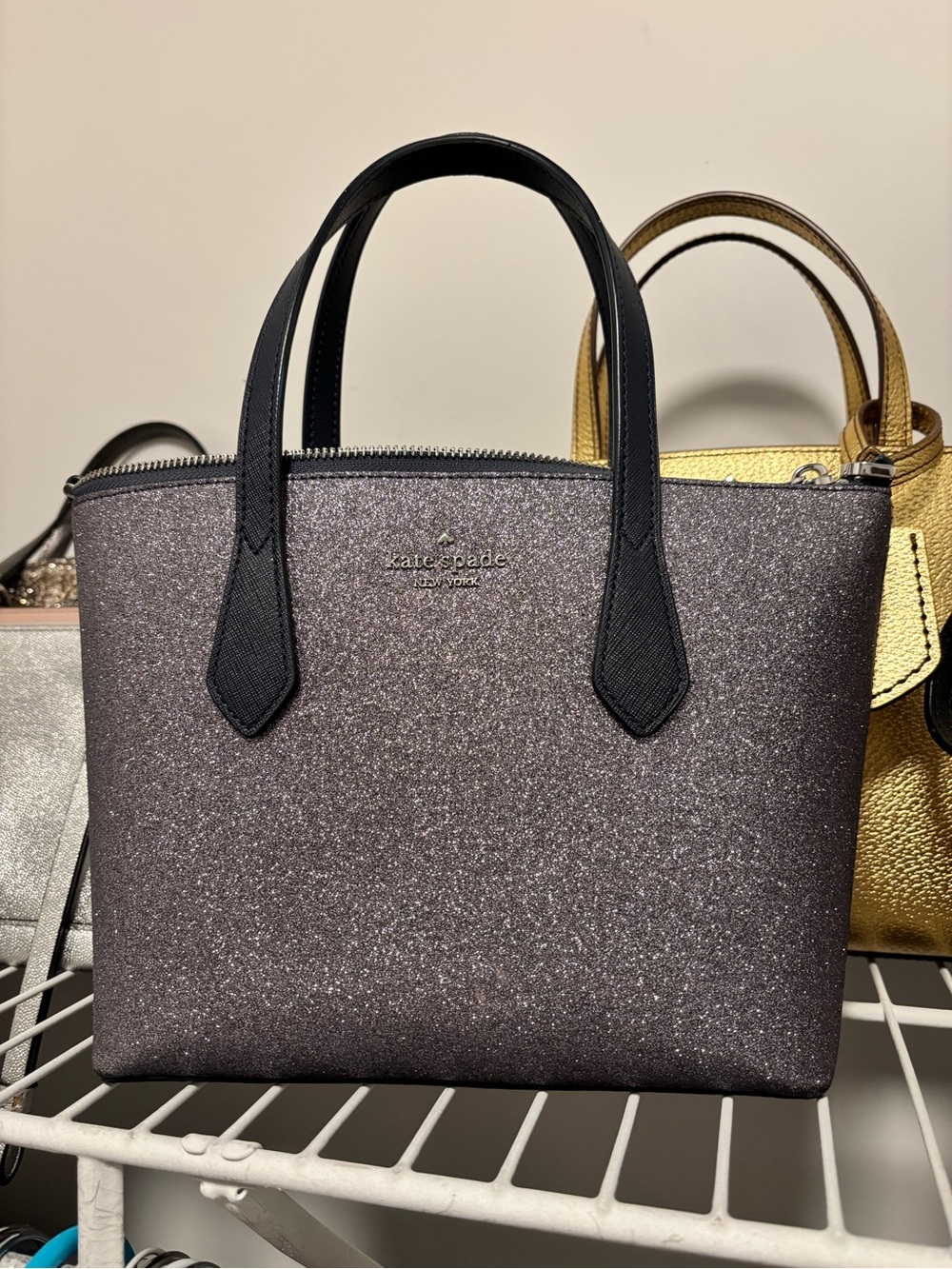 kate spade Glitter Tote in Dark Silver and Black Handles